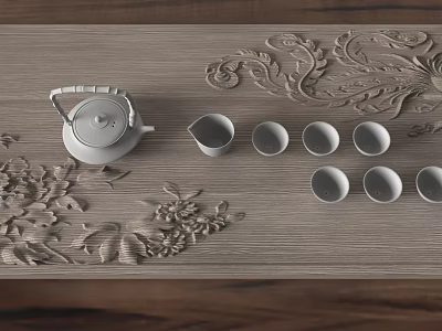 Elegant Tea Set on Wooden Tray With Carved Floral Patterns Teapot Fair Cup Ceramic Cups 3d model