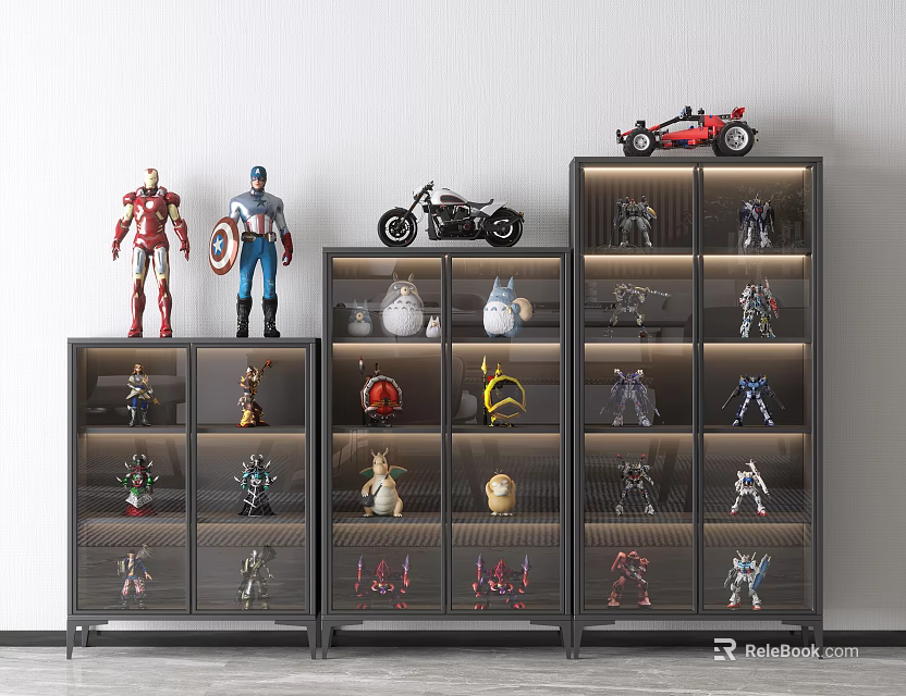 Modern Display Cabinet with Black Frame Glass Doors Layered Shelves Displaying Action Figures Models 3d model 