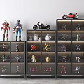 Modern Display Cabinet with Black Frame Glass Doors Layered Shelves Displaying Action Figures Models