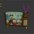 Vintage Computer Monitor With Wooden Frame Lace Decoration And Cartoon Character Screen