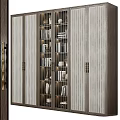 Modern Wooden Display Cabinet With Vertical Striped Doors And Open Shelves Holding Books And Decor Items