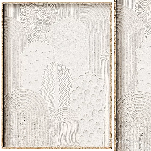 Beige Abstract Painting With Geometric Textures Wavy Lines Semicircles And Dots On Wooden Frames 3d model 