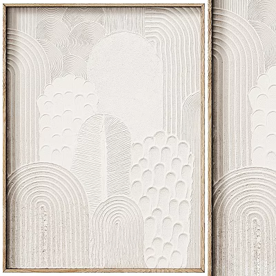 Beige Abstract Painting With Geometric Textures Wavy Lines Semicircles And Dots On Wooden Frames 3d model