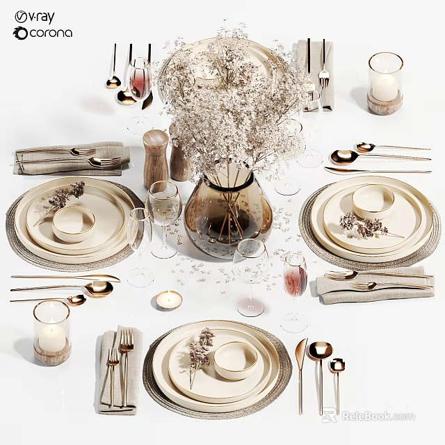 Elegant Dinnerware Set With Ceramic Plates Gold Utensils Linen Napkins And Dried Flower Vase 3d model 