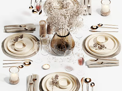 Elegant Dinnerware Set With Ceramic Plates Gold Utensils Linen Napkins And Dried Flower Vase 3d model