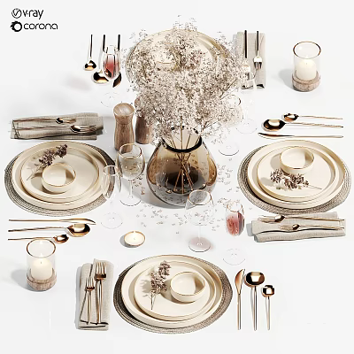 Elegant Dinnerware Set With Ceramic Plates Gold Utensils Linen Napkins And Dried Flower Vase 3d model