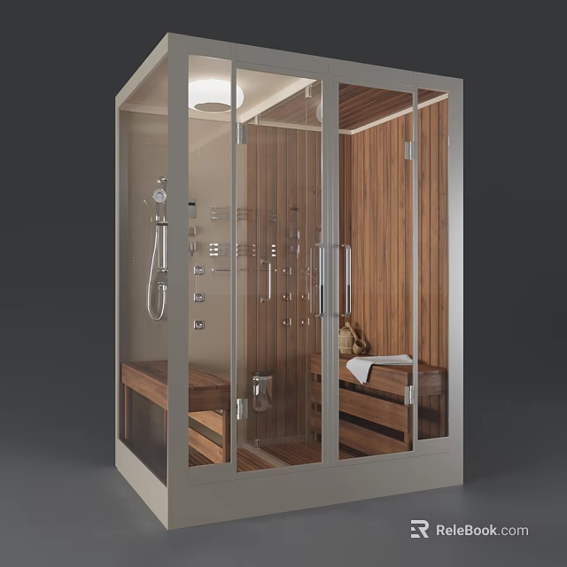 Modern Shower Sauna Interior With Glass Doors Wooden Benches Showerhead And Towel 3d model 