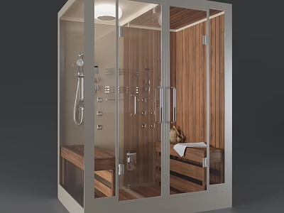 Modern Shower Sauna Interior With Glass Doors Wooden Benches Showerhead And Towel 3d model