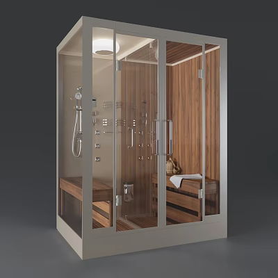 Modern Shower Sauna Interior With Glass Doors Wooden Benches Showerhead And Towel 3d model