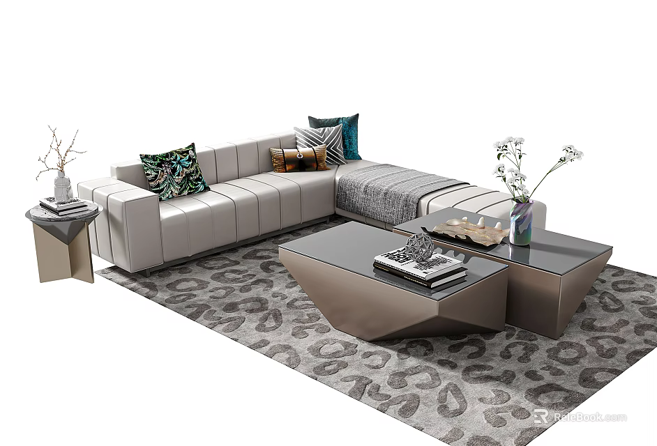 Modern Light Gray Sectional Sofa with Decorative Pillows Patterned Area Rug and Coffee Table 3d model