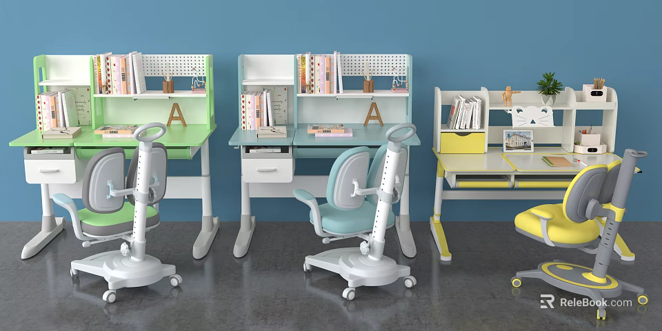 Colorful Kids Study Desks With Bookshelves Adjustable Chairs And Decorative Elements 3d model 