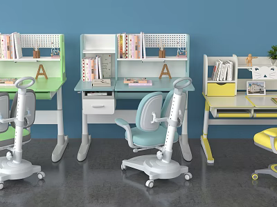 Colorful Kids Study Desks With Bookshelves Adjustable Chairs And Decorative Elements 3d model