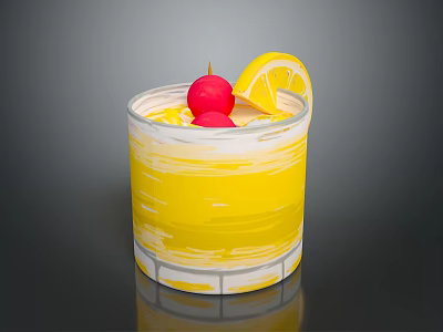 Refreshing Yellow Drink in Glass with Lemon Slice and Cherry Garnish 3d model