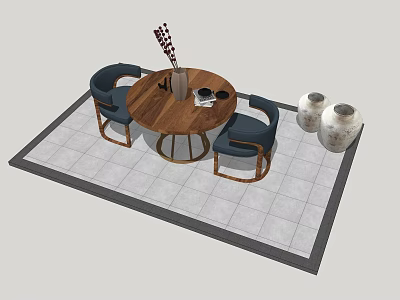 Round Wooden Dining Table With Blue Armchairs And Ceramic Vases On Tile Floor 3d model