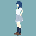 Young Woman In School Uniform With White Shirt Gray Pleated Skirt And Blue Hair