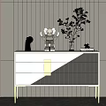 Modern Entryway White Console Table with Gold Accents Decorative Items and Light Striped Wall