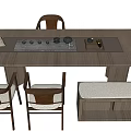 Wooden Tea Table and Chairs with Tea Set Vase and Stone Bucket Decor