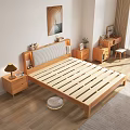 Double Bed With Striped Headboard LED Lights Bedside Tables And Wooden Floor