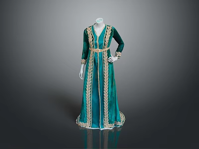 Elegant Teal Long Dress With Gold Trim And Belt For Formal Attire 3d model