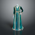 Elegant Teal Long Dress With Gold Trim And Belt For Formal Attire