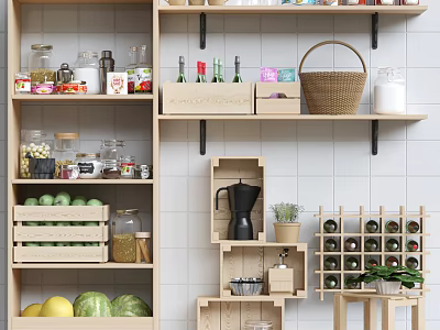 Wooden Shelving Unit Organizing Kitchen Supplies Fruits Jars Coffee Maker And Wine Rack 3d model