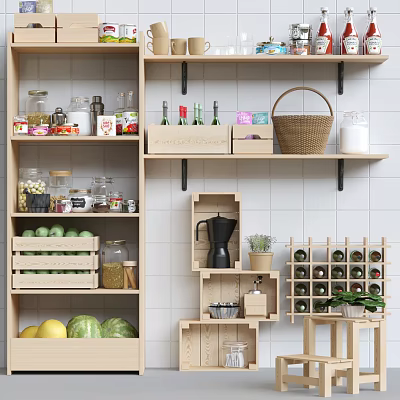 Wooden Shelving Unit Organizing Kitchen Supplies Fruits Jars Coffee Maker And Wine Rack 3d model