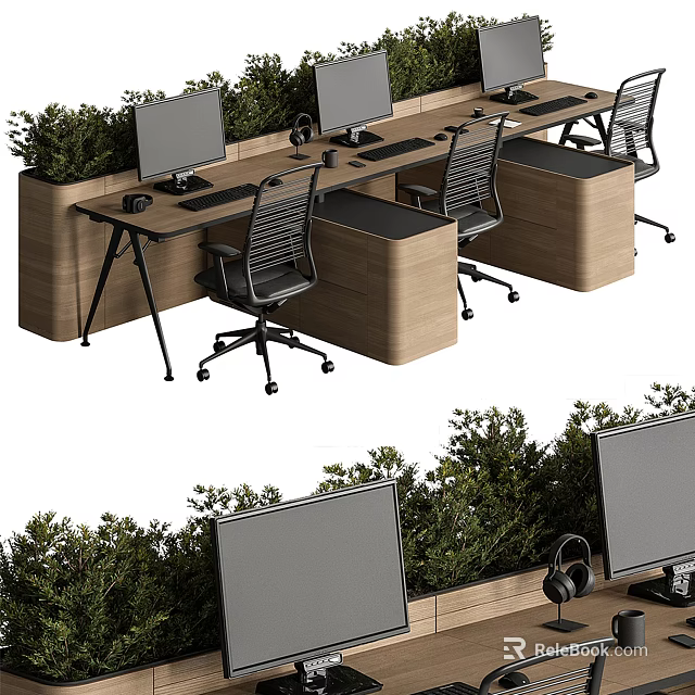 Modern Office Desk Setup With Multiple Computer Monitors Black Chairs And Green Plants 3d model 