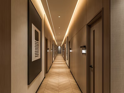 Hotel Corridor Interior With Wooden Walls Herringbone Flooring Recessed Lighting And Decorative Artwork 3d model