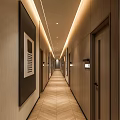 Hotel Corridor Interior With Wooden Walls Herringbone Flooring Recessed Lighting And Decorative Artwork