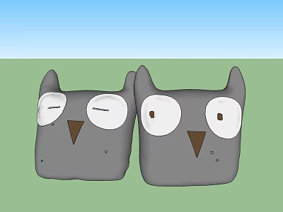 Two Gray Owl Shaped Decorative Pillows With Big White Eyes And Brown Beaks 3d model
