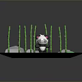 Cute Panda Figure Standing On Green Octagonal Platform With Bamboo Plants Around