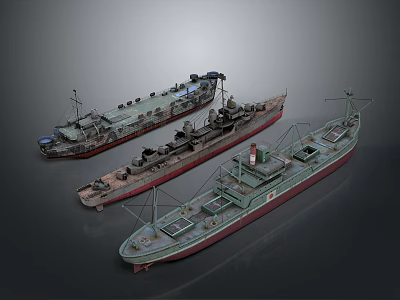 Three Detailed Vintage Ship Models With Colorful Hulls And Deck Features 3d model