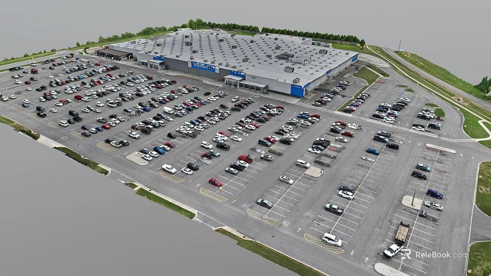 Aerial View of Large Retail Store Parking Lot Full of Cars and Green Surroundings 3d model 