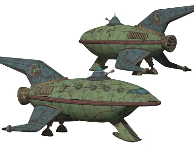 Vintage Green Blue Spaceship Models With Wings Thrusters And Round Windows 3d model