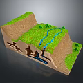 Geological Cross Section Model With Green Surface Vegetation River And Underground Caves 3d model