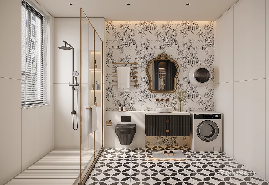 Modern Bathroom Interior With Glass Shower Patterned Wallpaper Vanity Toilet And Geometric Tiles 3d model 