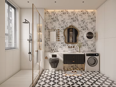 Modern Bathroom Interior With Glass Shower Patterned Wallpaper Vanity Toilet And Geometric Tiles 3d model