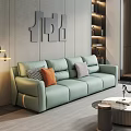 Modern Living Room Light Green Sofa Set With Orange Gray Pillows Ottoman And Coffee Table