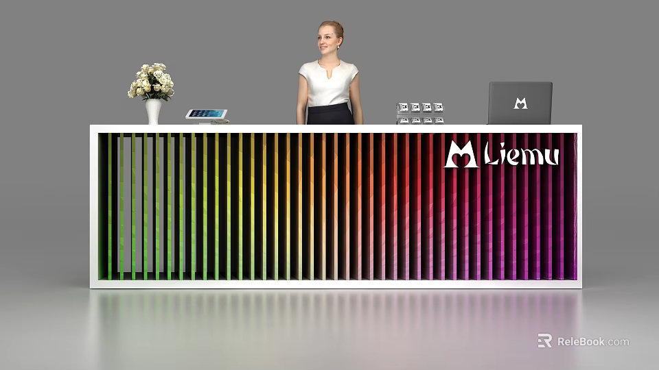 Colorful Striped Reception Desk With Receptionist Flower Vase Tablet And Viema Logo 3d model 