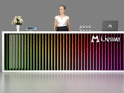 Colorful Striped Reception Desk With Receptionist Flower Vase Tablet And Viema Logo 3d model