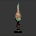Copper Candle Lamp With Green Lotus Design And Turquoise Tassel On Black Base