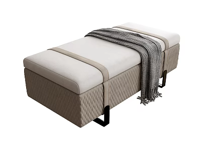 Modern Quilted Design Bench With White Cushion Beige Frame And Gray Striped Blanket 3d model