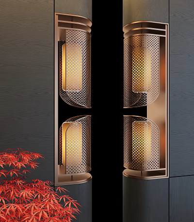Modern Copper Wall Lights With Perforated Shades And Warm Glow Accented By Red Maple Leaves 3d model
