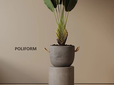 POLIFORM Potted Plant With Large Green Leaves Gray Pot Gold Handles On Gray Cylindrical Stand 3d model