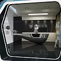 Modern White Car Showroom With Blue Sports Car Mannequin Display Cabinets And Modern Lighting