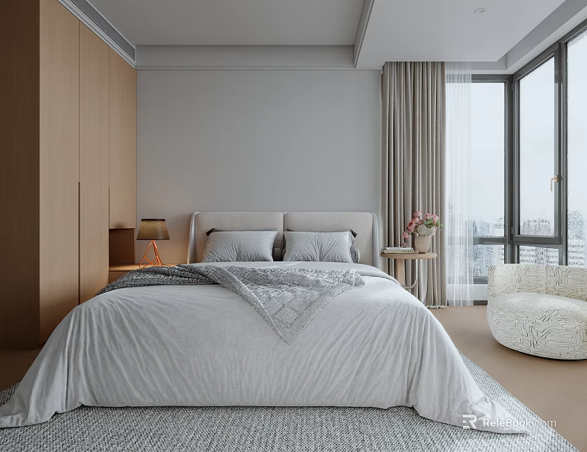 Modern Minimalist Bedroom With White Bedding Nightstand Lamp Wooden Wardrobe And Large Window 3d model 