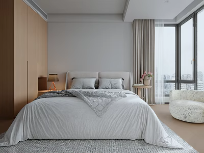 Modern Minimalist Bedroom With White Bedding Nightstand Lamp Wooden Wardrobe And Large Window 3d model