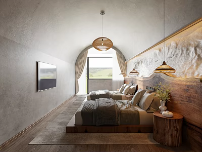Cozy Homestay Guest Room With Wooden Beds Arch Ceiling And Mountain View 3d model