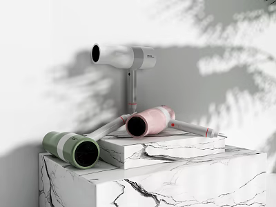 Modern Electric Hairdryers In White Pink Green On Marble Countertop With Plant Shadows 3d model