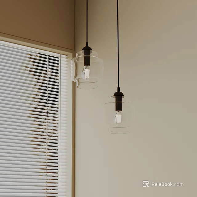 Minimalist Black Base Transparent Glass Pendant Lights Hanging in Room with White Blinds 3d model 
